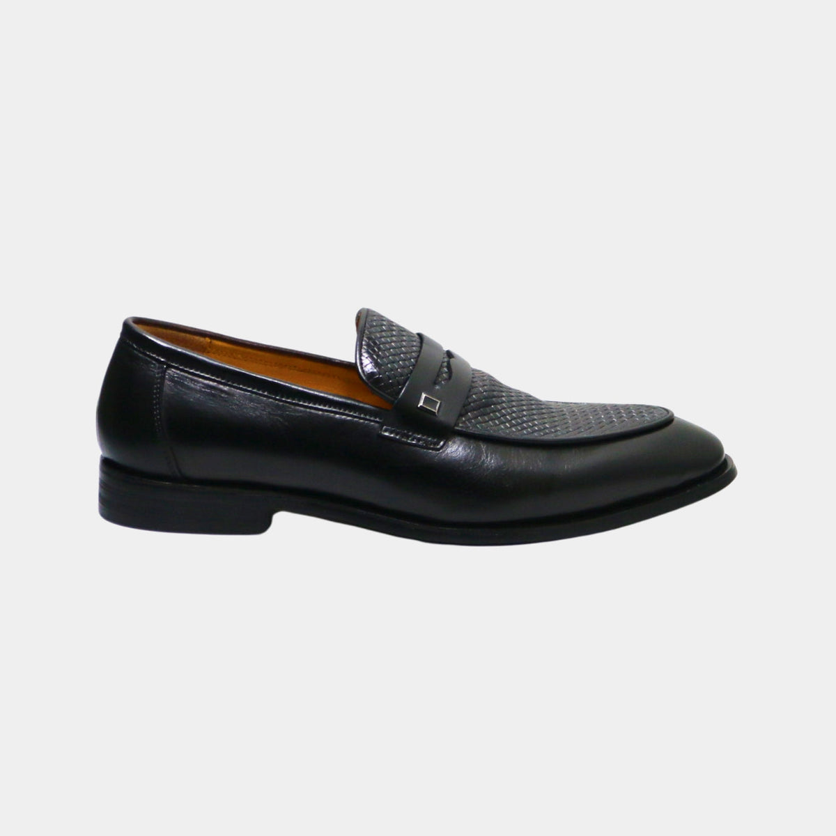 ARQS.PK black leather penny loafer with a textured woven-effect vamp panel and polished metallic strap detail.