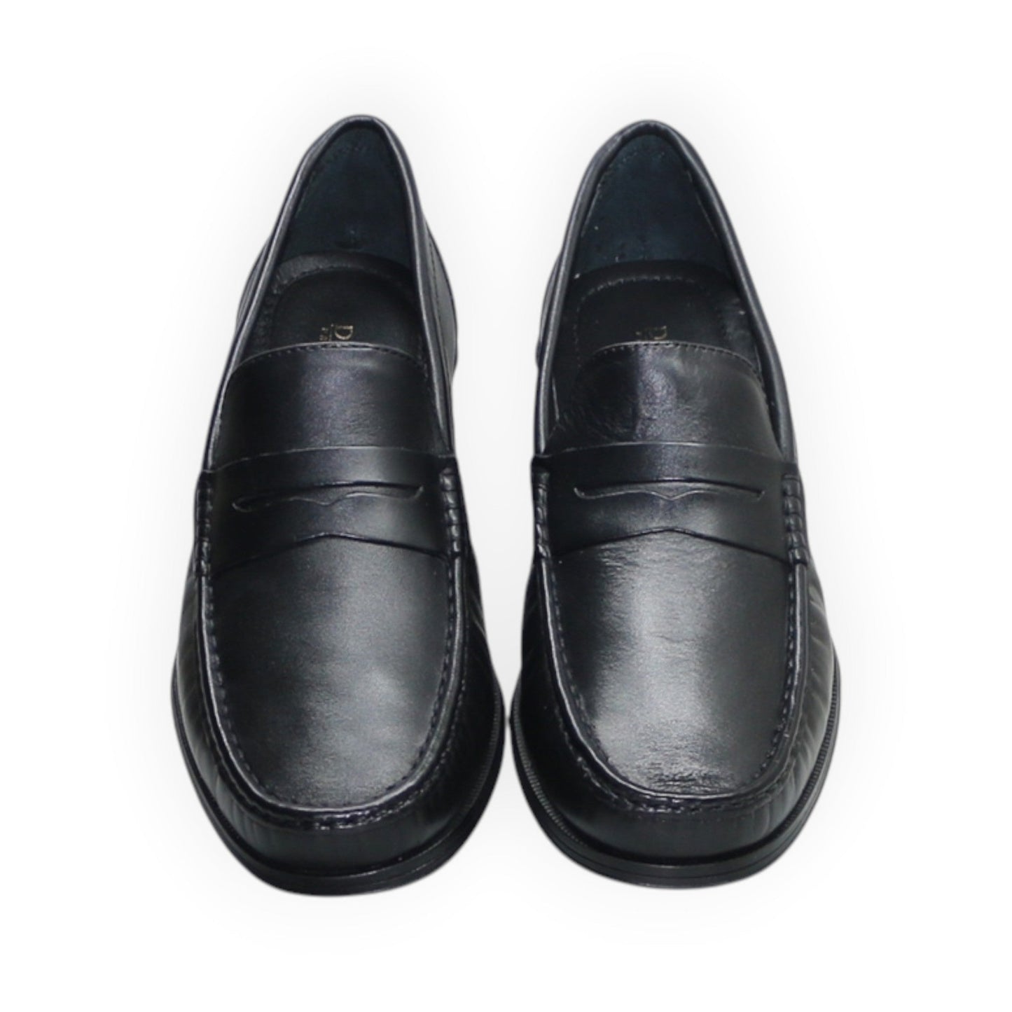 ARQS.PK classic black leather penny loafers featuring a stitched apron toe and traditional saddle strap design.