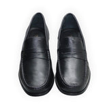 ARQS.PK classic black leather penny loafers featuring a stitched apron toe and traditional saddle strap design.