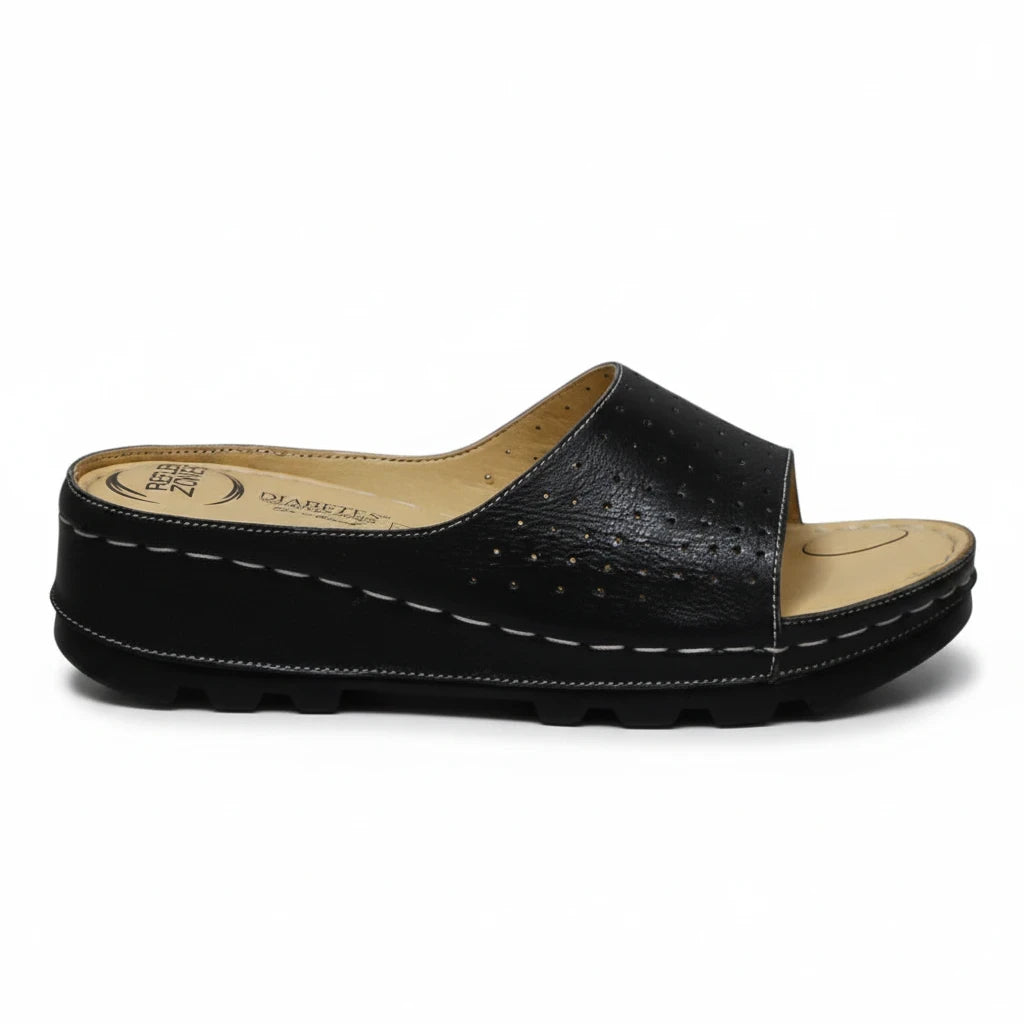 ARQS.PK Dr Mauch black leather reflexology slippers with acupressure footbed and white contrast stitching