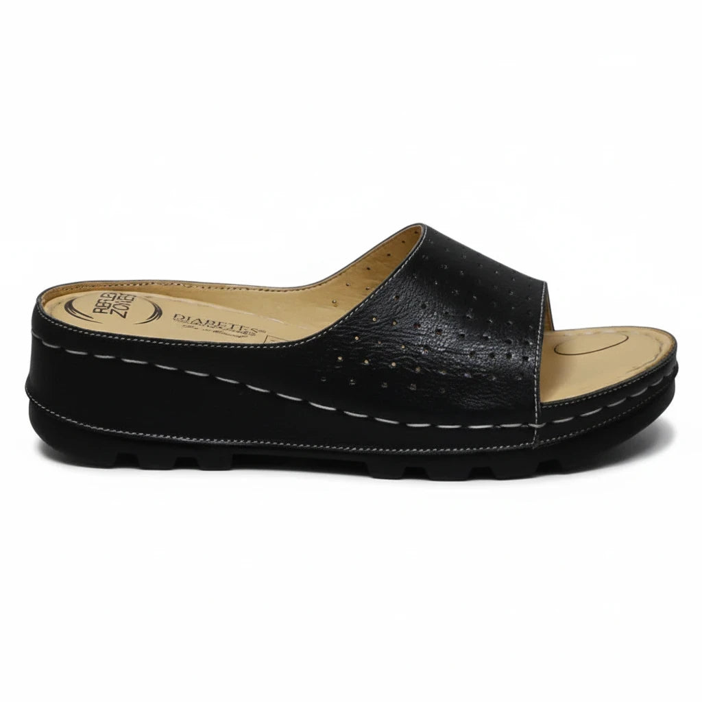 ARQS.PK Dr Mauch black leather reflexology slippers with acupressure footbed and white contrast stitching