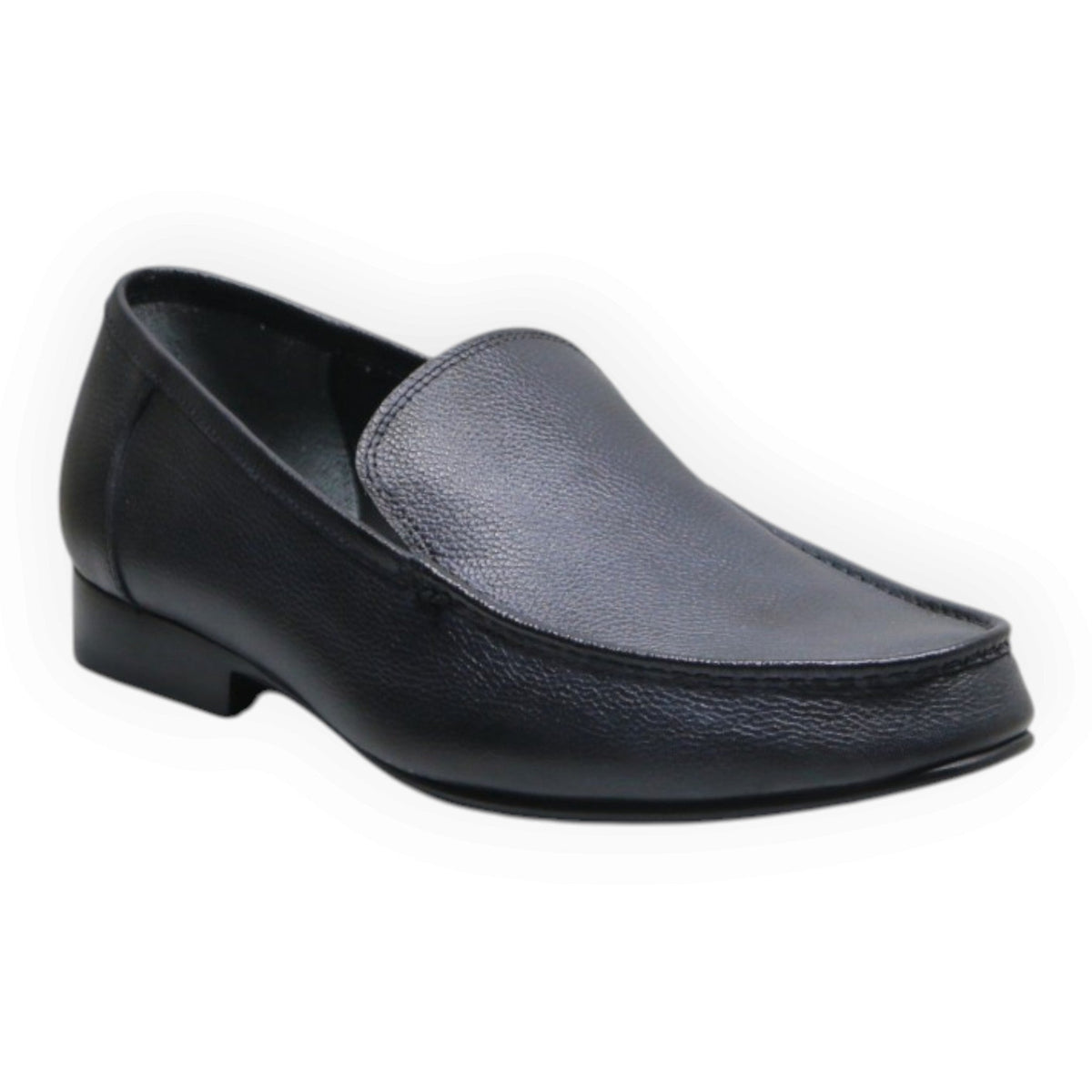 ARQS.PK men's black textured leather slip-on loafers with stitched apron detail and durable low-profile sole.