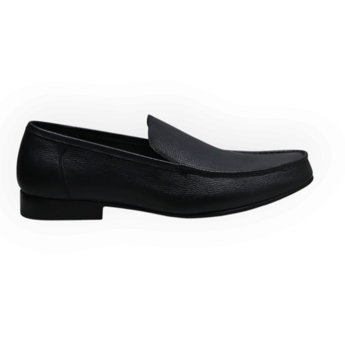 ARQS.PK men's black textured leather slip-on loafers with apron stitching and a durable low-profile sole.
