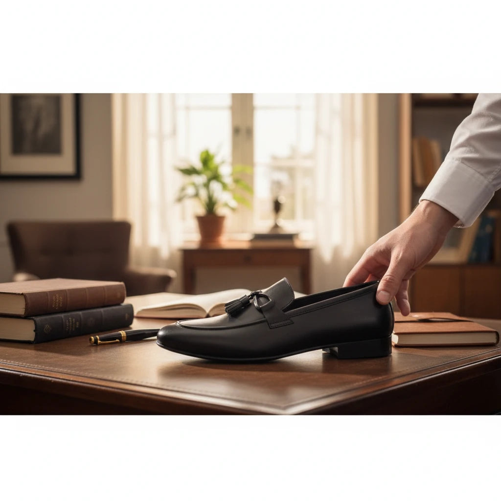 ARQS.PK black leather tassel loafer dress shoe held on a wooden desk in a professional office setting