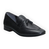 ARQS.PK black leather formal loafers for men featuring a tassel detail, moc toe, and durable rubber outsole.