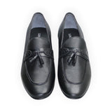 ARQS.PK black leather formal loafers for men featuring a round toe, tassel detailing, and a durable rubber outsole.