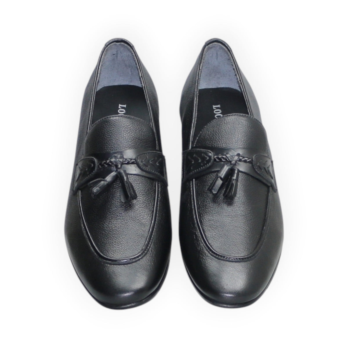 ARQS.PK black leather formal loafers for men featuring a round toe, tassel detailing, and a durable rubber outsole.