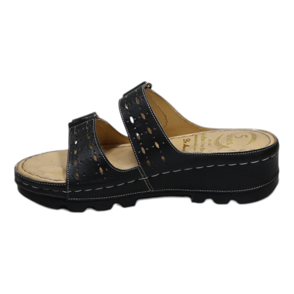 ARQS.PK black dual-strap platform slide sandals with cut-out details, metallic studs, and a cushioned reflex footbed.