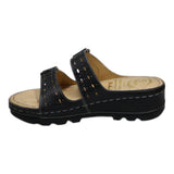 ARQS.PK black dual-strap platform slide sandals with cut-out details, metallic studs, and a cushioned reflex footbed.