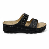 ARQS.PK black platform slide sandals with dual straps, metallic stud accents, and a cushioned reflex-zone footbed.