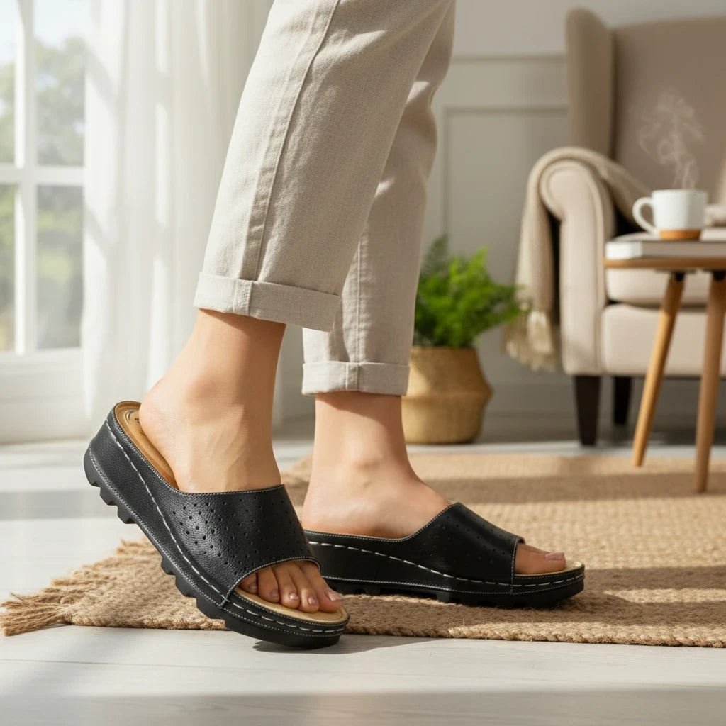 ARQS.PK Dr Mauch reflexology slippers in black with acupressure footbed worn indoors on a jute rug
