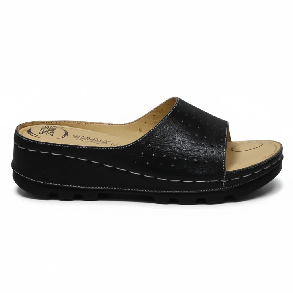 ARQS.PK Dr Mauch black leather reflexology slippers with acupressure footbed and white contrast stitching