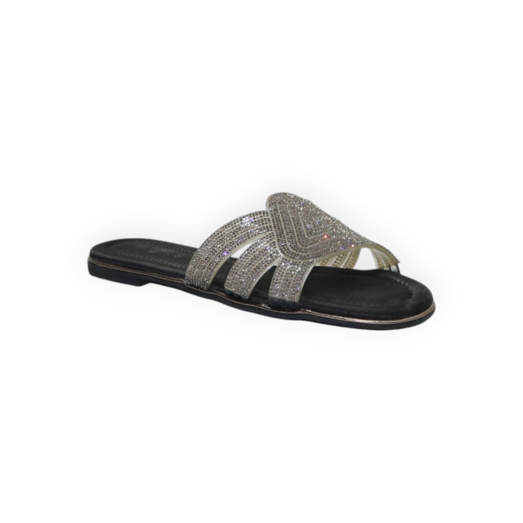ARQS.PK black flat slide sandal with multi-strap design featuring shimmering rhinestone embellishments
