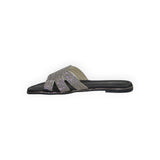 ARQS.PK black flat slide sandal with multi-strap design featuring shimmering rhinestone embellishments