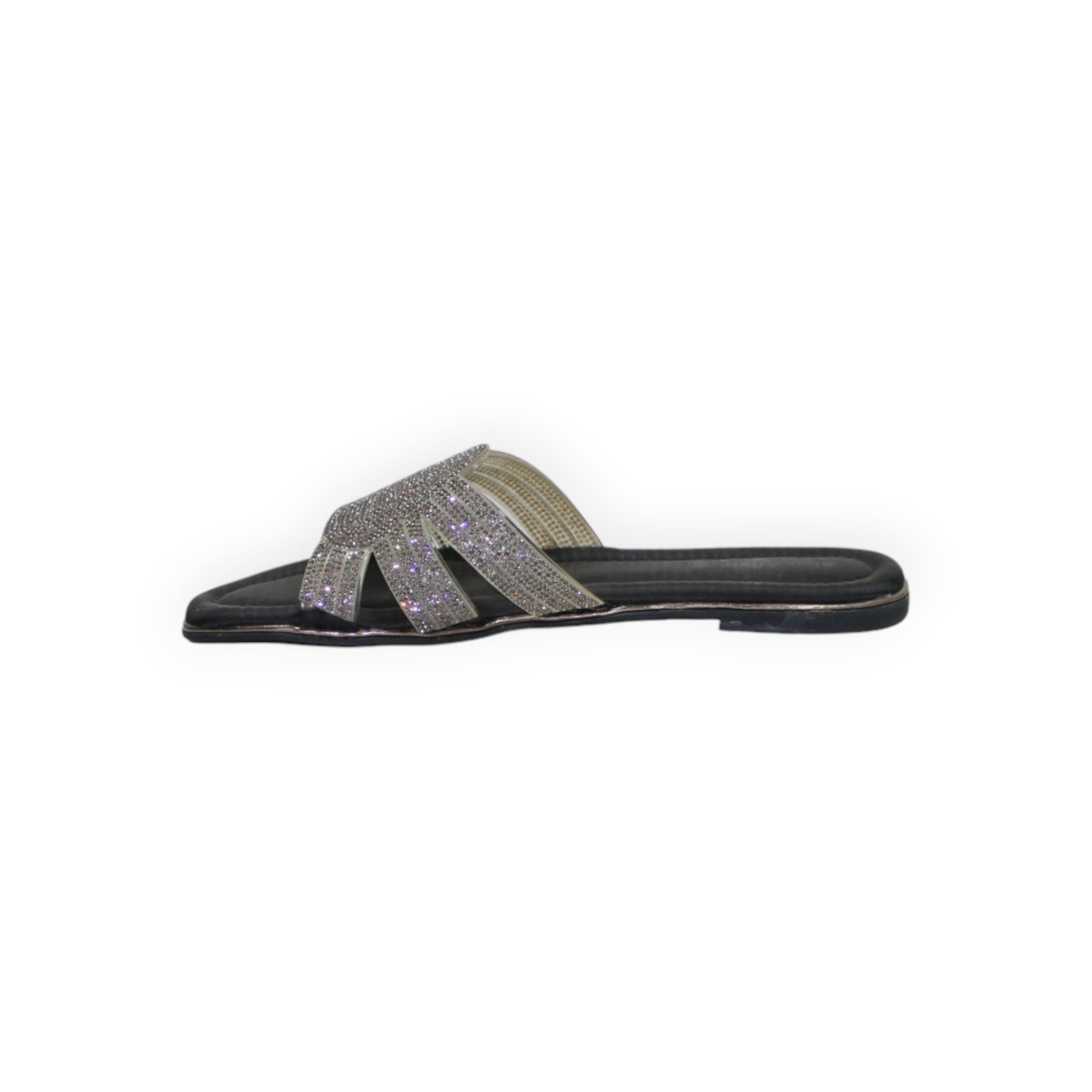 ARQS.PK black flat slide sandal with multi-strap design featuring shimmering rhinestone embellishments