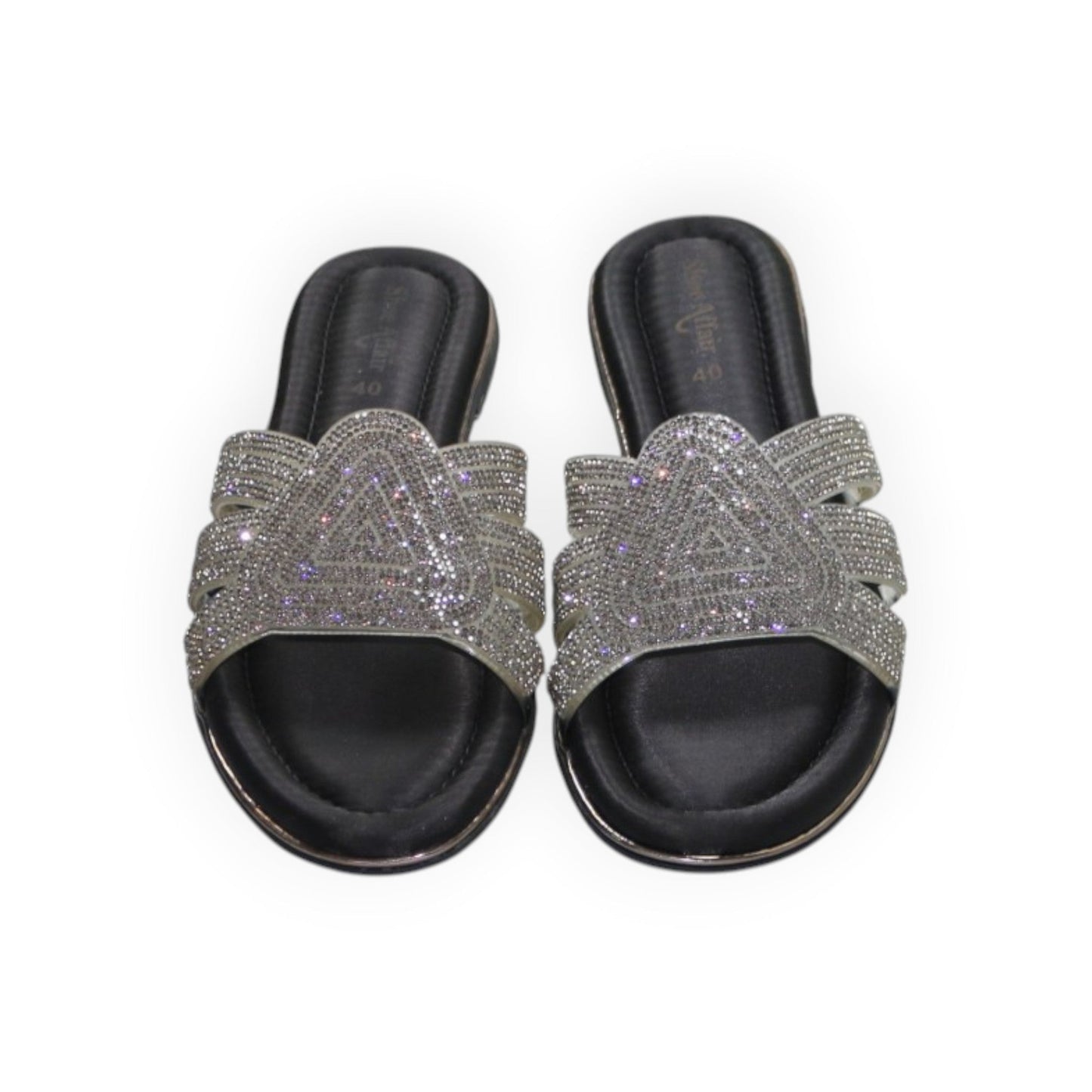 ARQS.PK black flat slide sandals featuring multi-strap detailing with shimmering rhinestone embellishments.