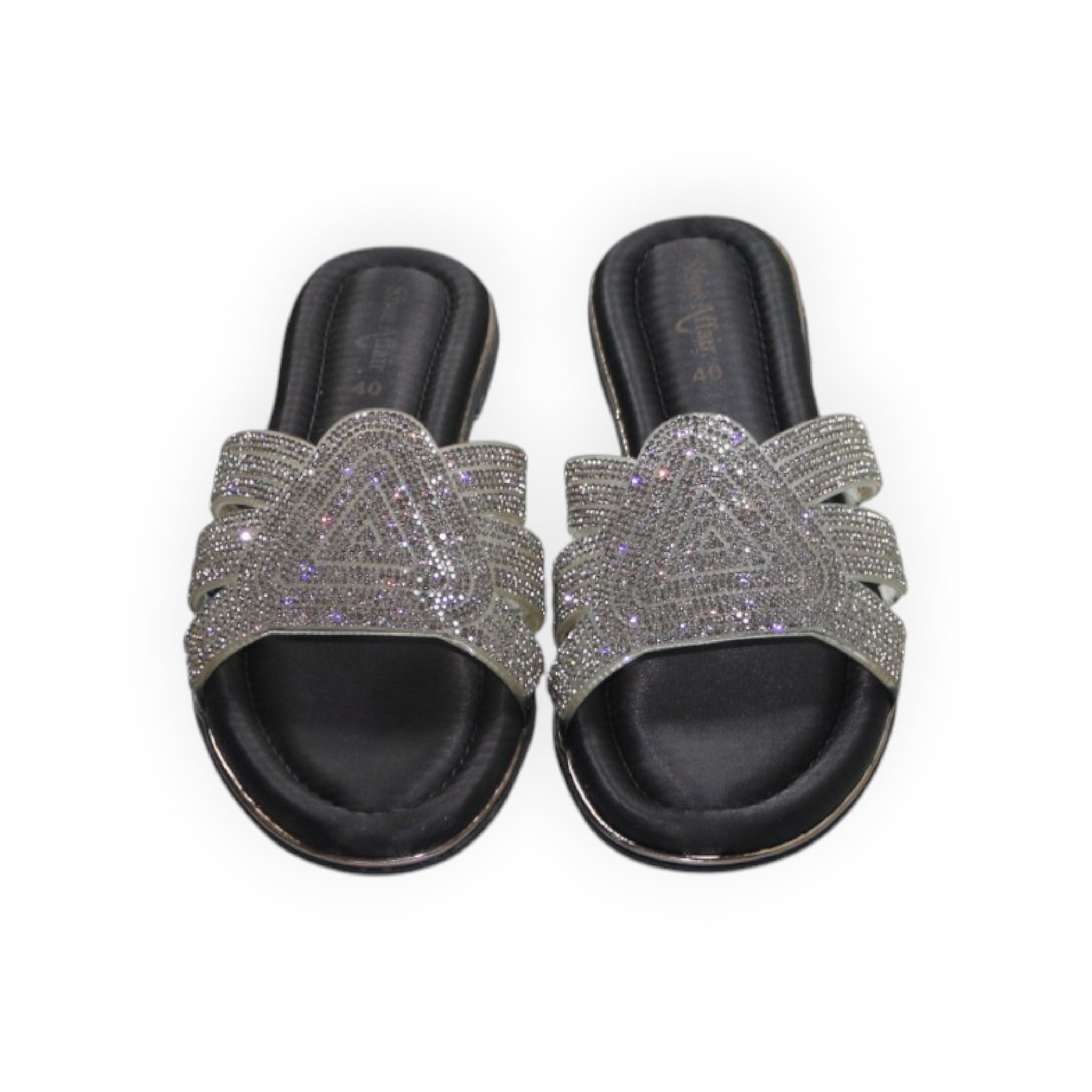 ARQS.PK black flat slide sandals featuring multi-strap detailing with shimmering rhinestone embellishments.