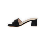 ARQS.PK 589N black suede block heel mule sandal with a decorative crystal embellishment on the strap