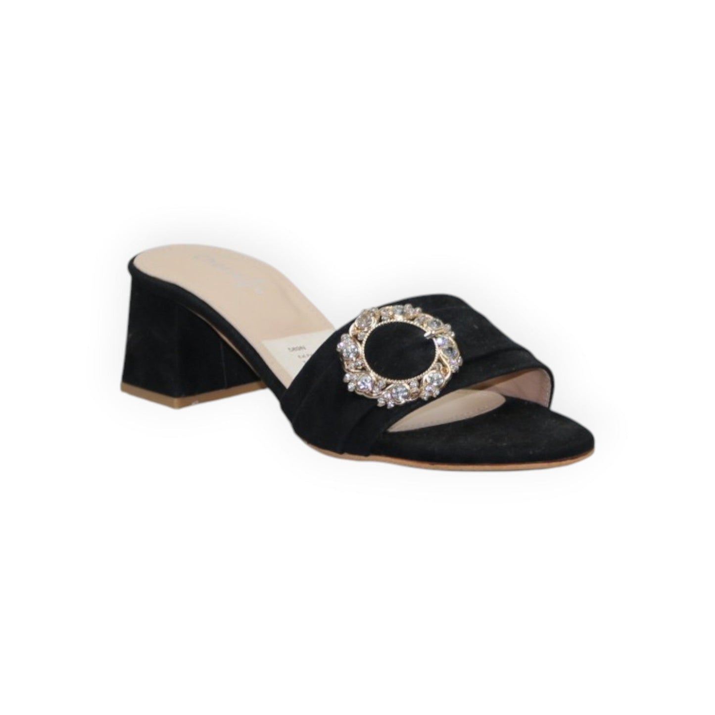 ARQS.PK 589N black suede block heel slide sandals featuring a decorative circular crystal-embellished buckle