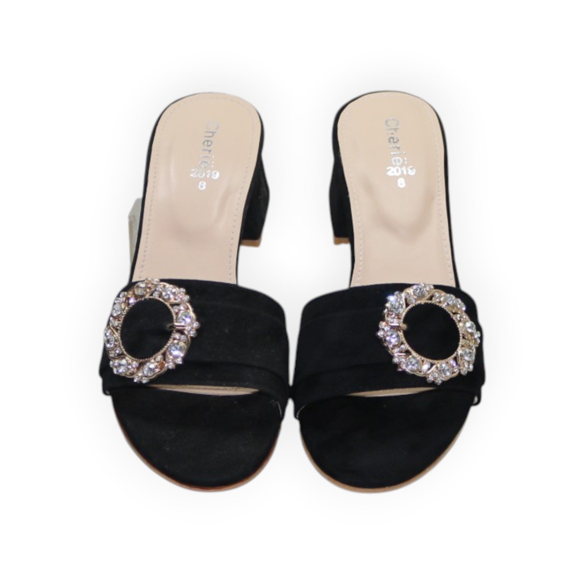 ARQS.PK black suede block heel sandals featuring a decorative circular rhinestone buckle on the front strap
