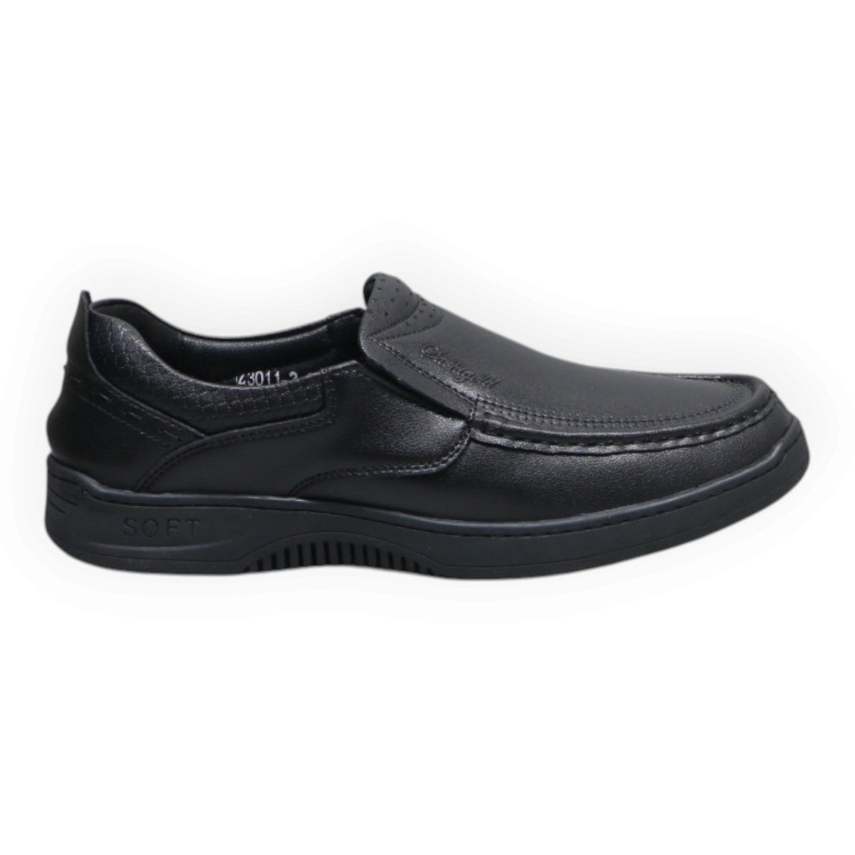 ARQS.PK black synthetic leather slip-on loafers with moc-toe stitching and cushioned SOFT comfort sole