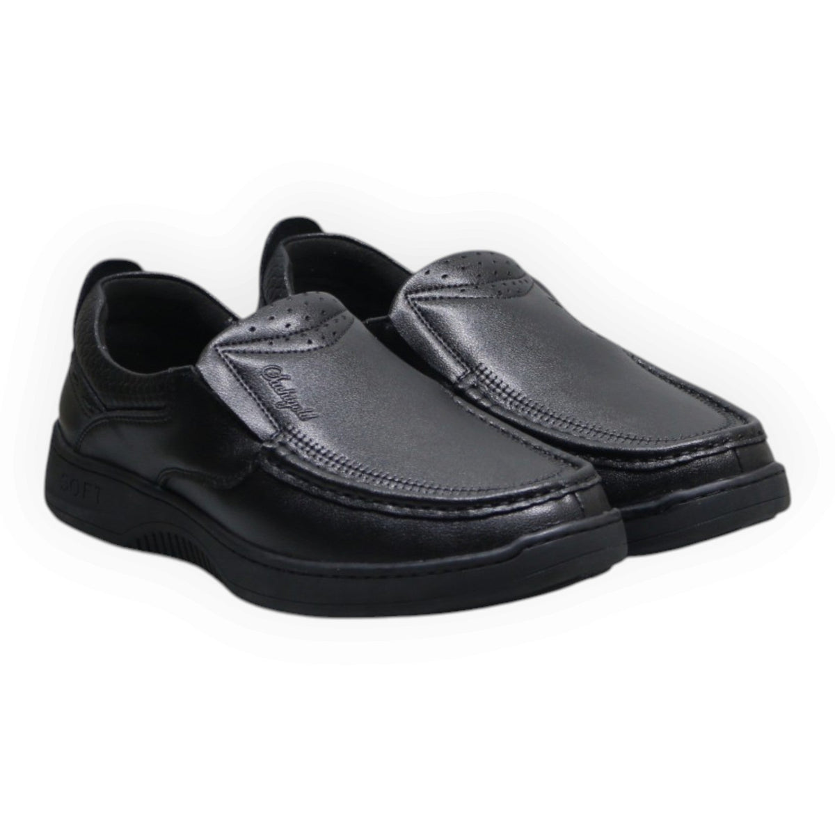 ARQS.PK black synthetic leather slip-on loafers with moc-toe stitching and cushioned soles for men