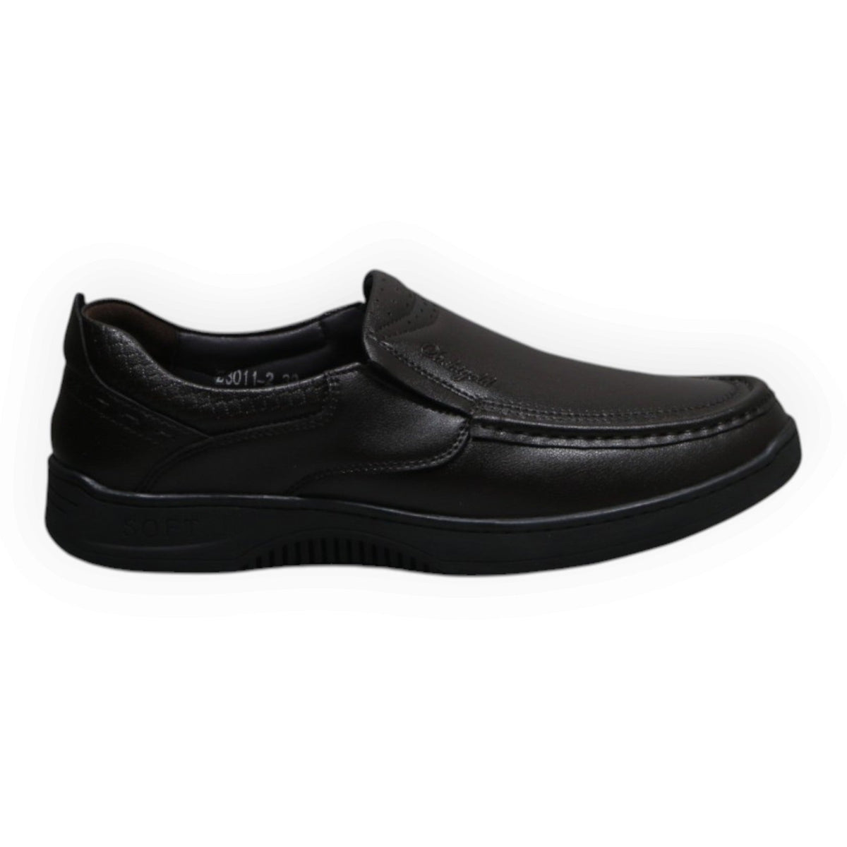 ARQS.PK black synthetic leather slip-on loafers with moc-toe stitching and cushioned sole for men