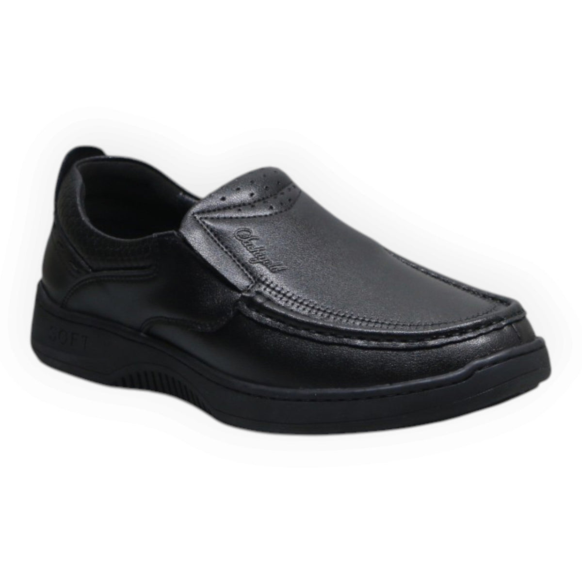 ARQS.PK black synthetic leather slip-on loafers with moc-toe stitching and cushioned SOFT comfort sole