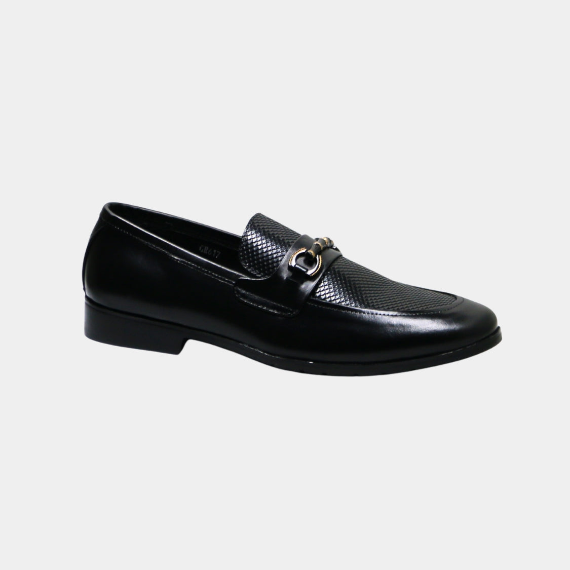 ARQS.PK black leather horsebit loafers with a textured vamp panel and polished metal hardware in a side profile view.