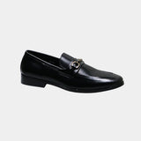 ARQS.PK black leather horsebit loafers with a textured vamp panel and polished metal hardware in a side profile view.