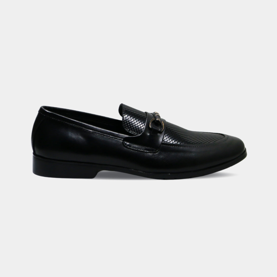 ARQS.PK black leather horsebit loafers with a textured vamp panel and slip-on design for men.