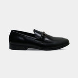 ARQS.PK black leather horsebit loafers with a textured vamp panel and slip-on design for men.