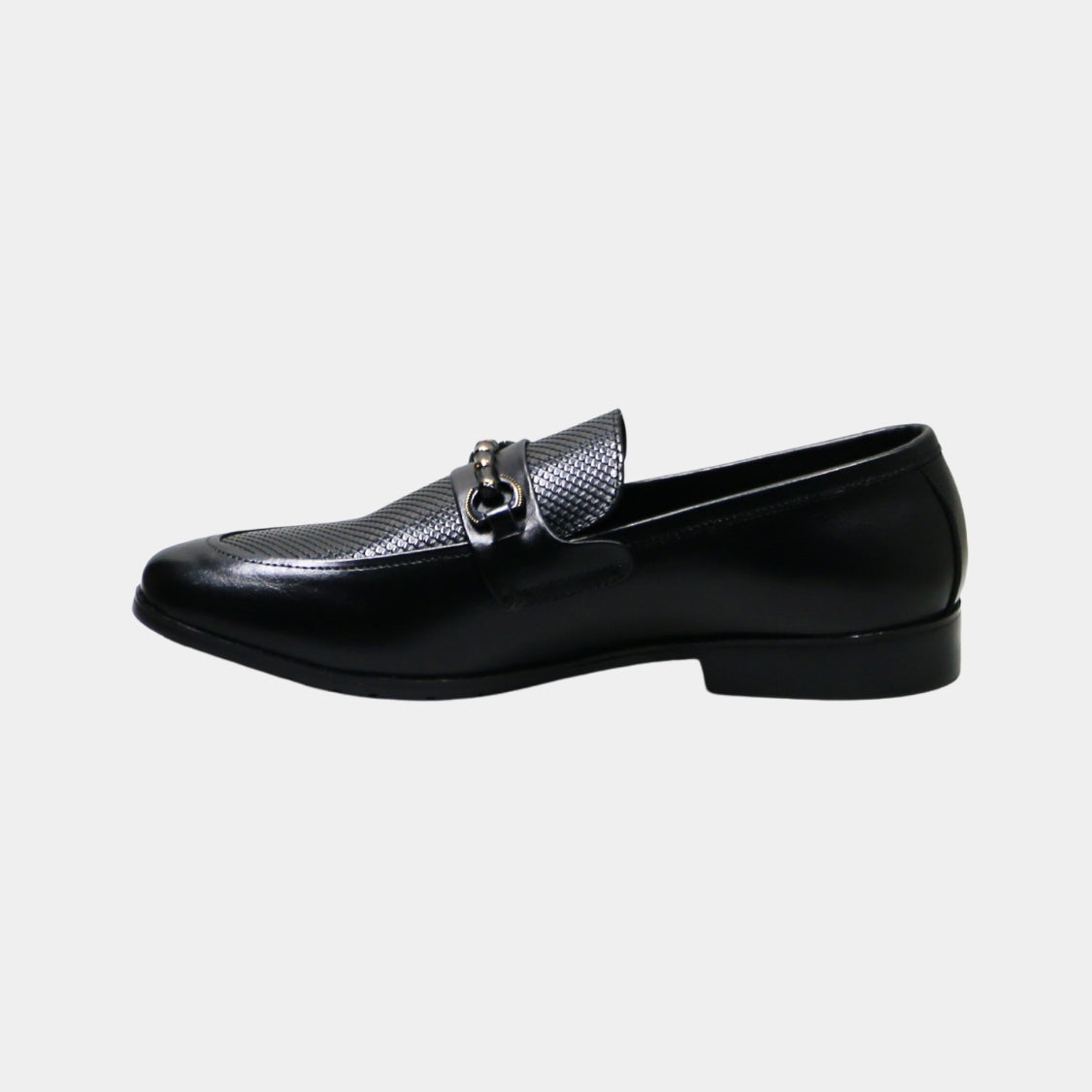 ARQS.PK black leather horsebit loafers with a textured vamp panel and polished metal hardware in a side profile view.
