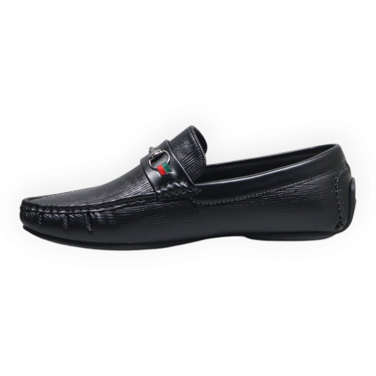 ARQS.PK black textured leather loafer with a metal horsebit detail featuring a red and green stripe accent