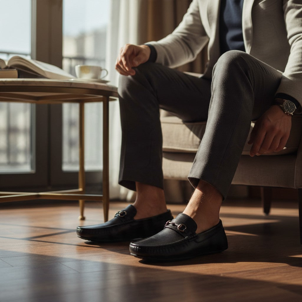 ARQS.PK men's black textured leather loafers with metal horsebit detail worn by a man in a business-casual setting.