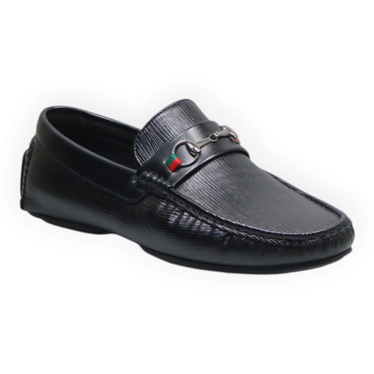 ARQS.PK black textured leather loafer with a metal horsebit detail featuring a red and green stripe accent