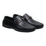ARQS.PK black textured leather loafers with metal horsebit hardware and red and green stripe detail
