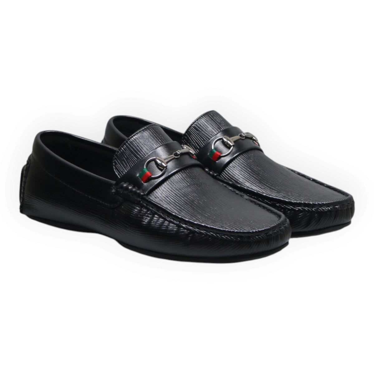 ARQS.PK black textured leather loafers with metal horsebit hardware and red and green stripe detail