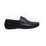 ARQS.PK black textured leather loafers featuring a silver metal horsebit with a red and green stripe detail.