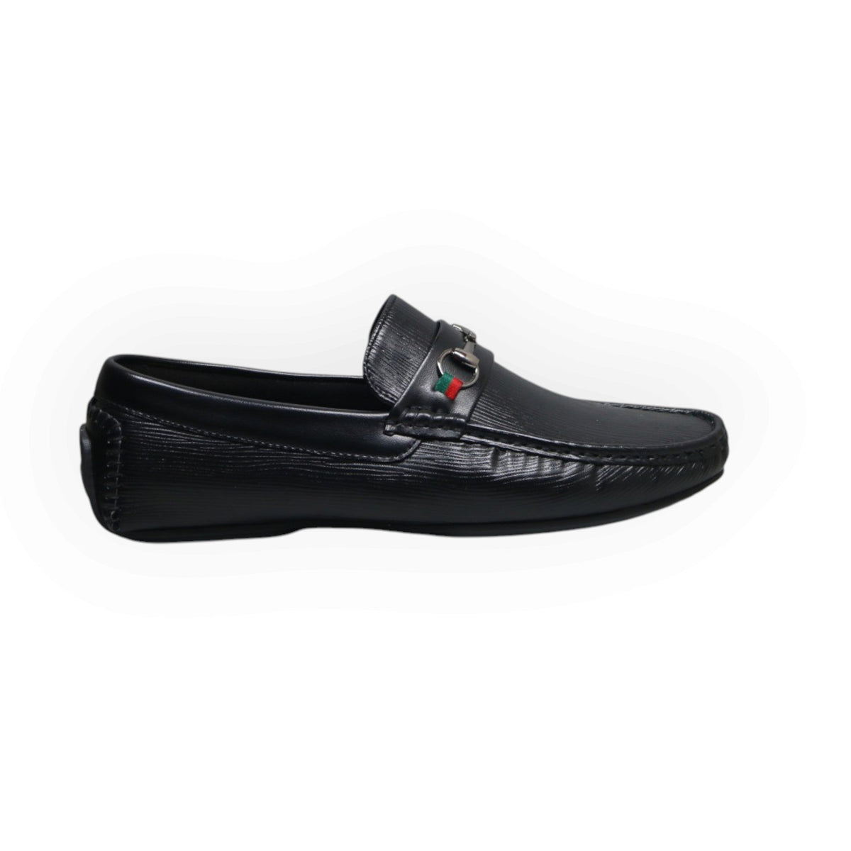 ARQS.PK black textured leather loafers featuring a silver metal horsebit with a red and green stripe detail.