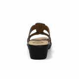 ARQS.PK women's black wedge heel slide sandals with a cushioned footbed and laser-cut strap design, rear view