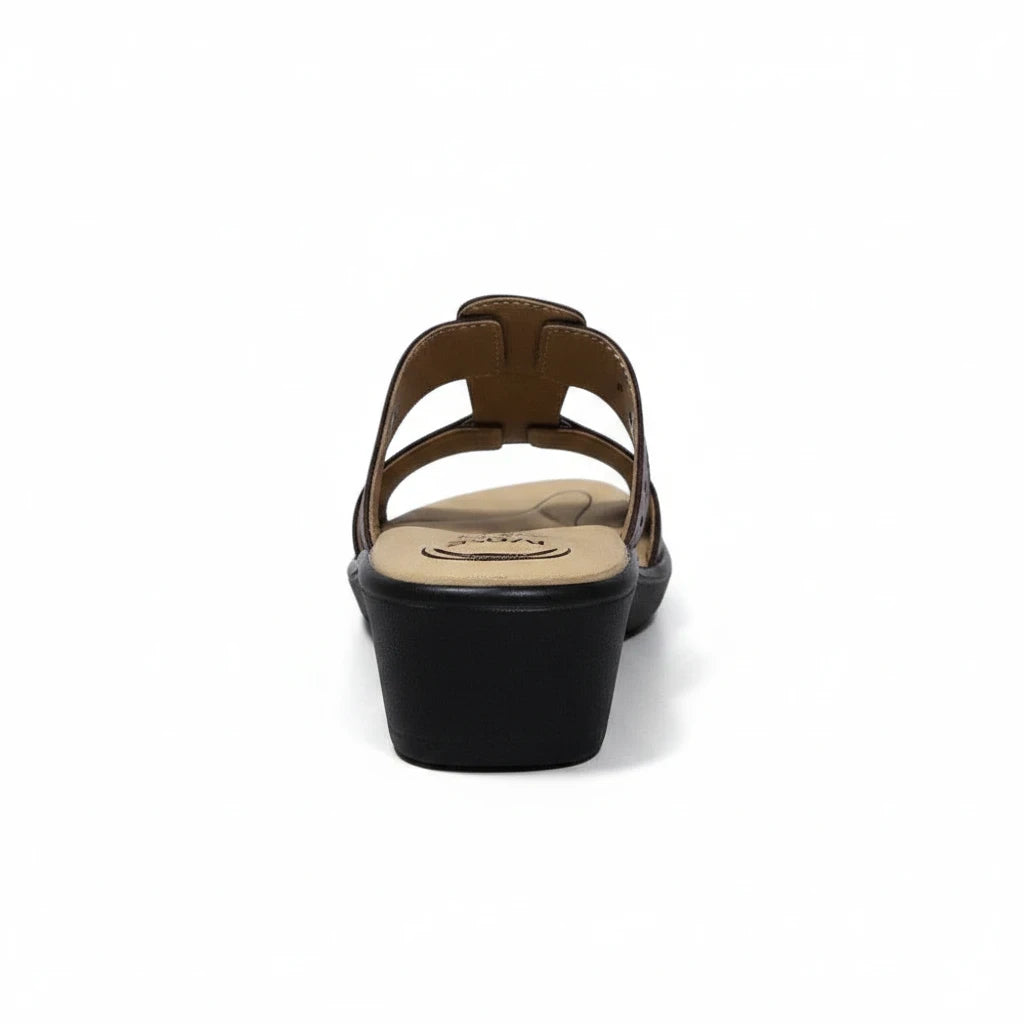ARQS.PK women's black wedge heel slide sandals with a cushioned footbed and laser-cut strap design, rear view