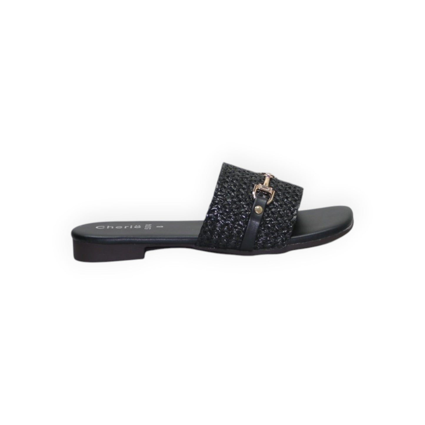 ARQS.PK black woven slide sandals with a gold-tone metal buckle detail on a flat sole