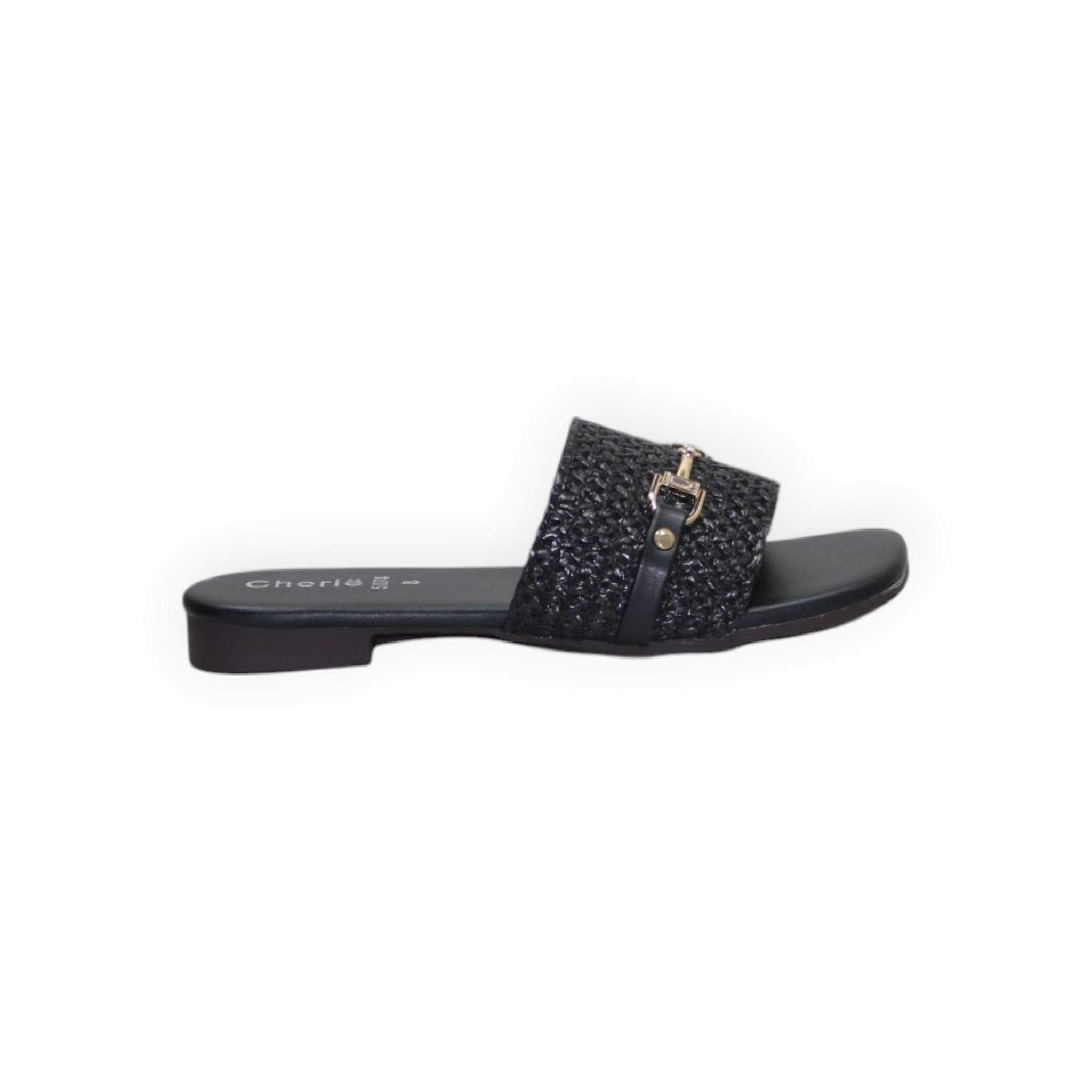 ARQS.PK black woven slide sandals with a gold-tone metal buckle detail on a flat sole