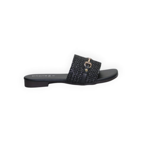 ARQS.PK black woven slide sandals with a gold-tone metal buckle detail on a flat sole