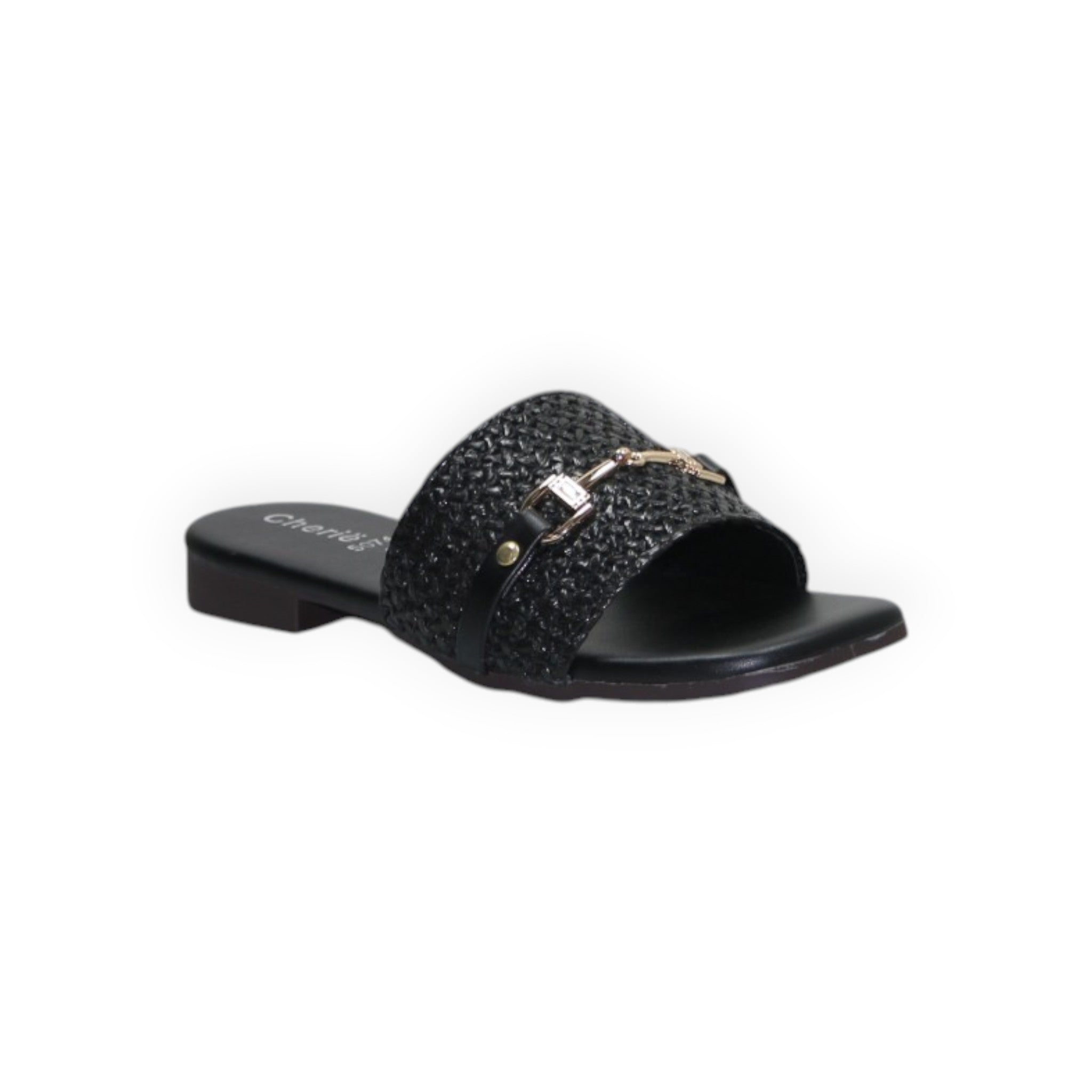 ARQS.PK black woven slide sandals featuring a gold-tone horsebit detail and a flat sole.