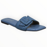 ARQS.PK blue flat slide sandals featuring a woven texture strap with a decorative buckle detail