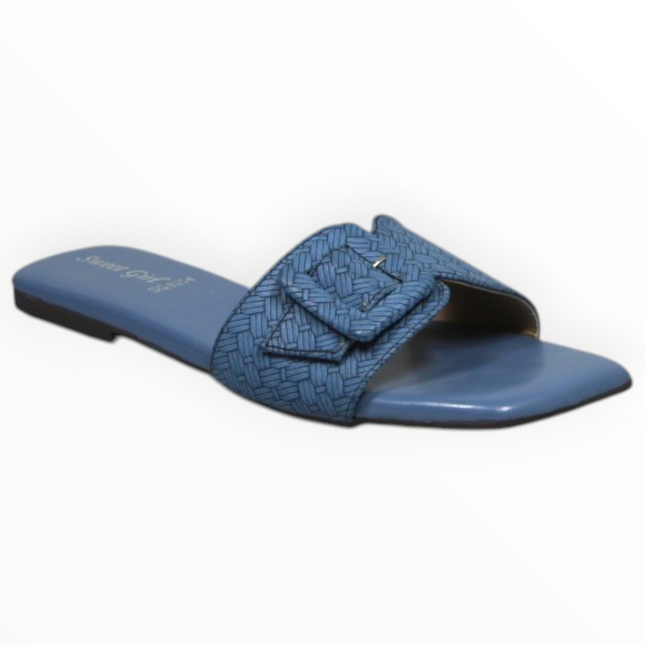 ARQS.PK blue flat slide sandals featuring a woven texture strap with a decorative buckle detail