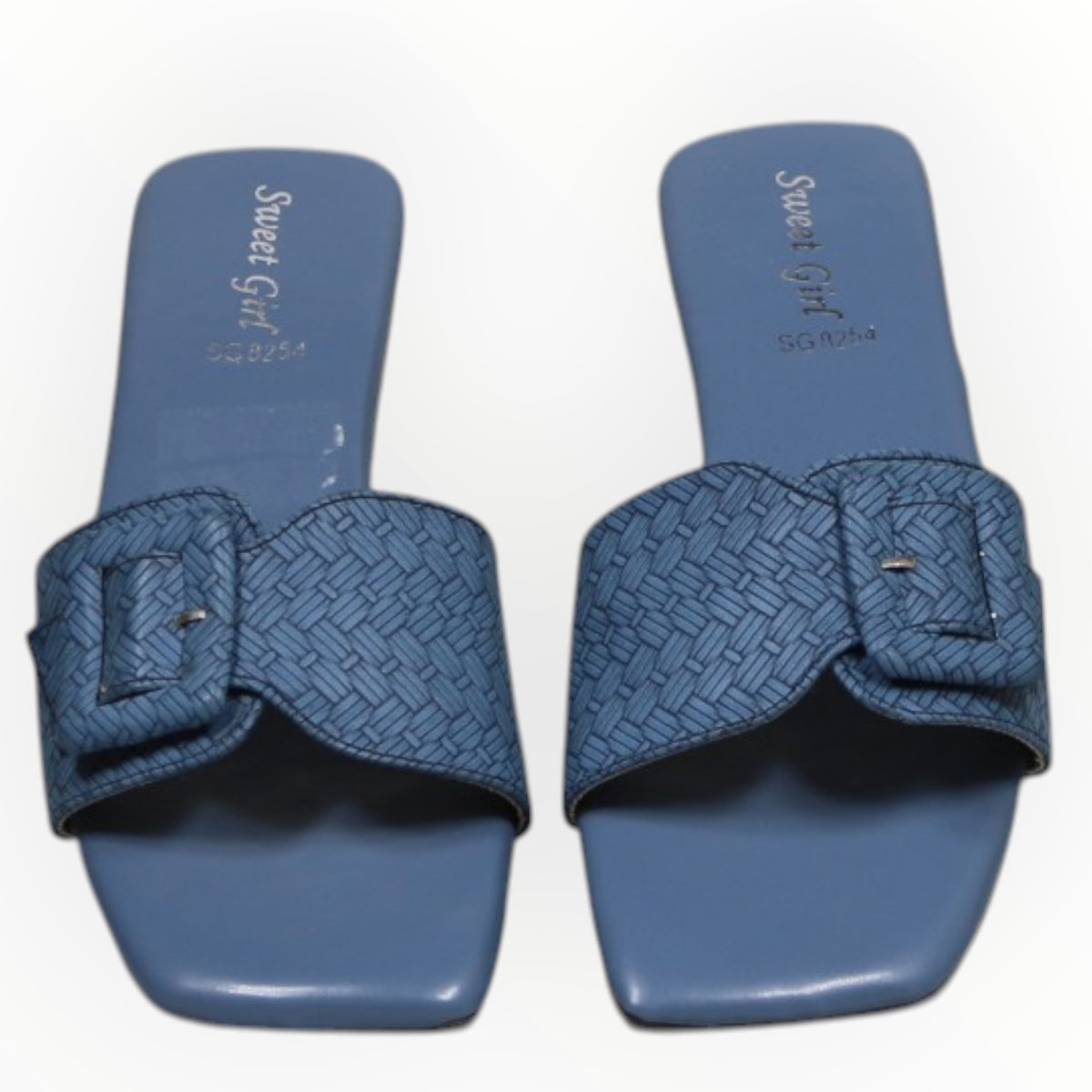 ARQS.PK blue flat slide sandals with a woven-texture strap, square toe, and decorative buckle accent.