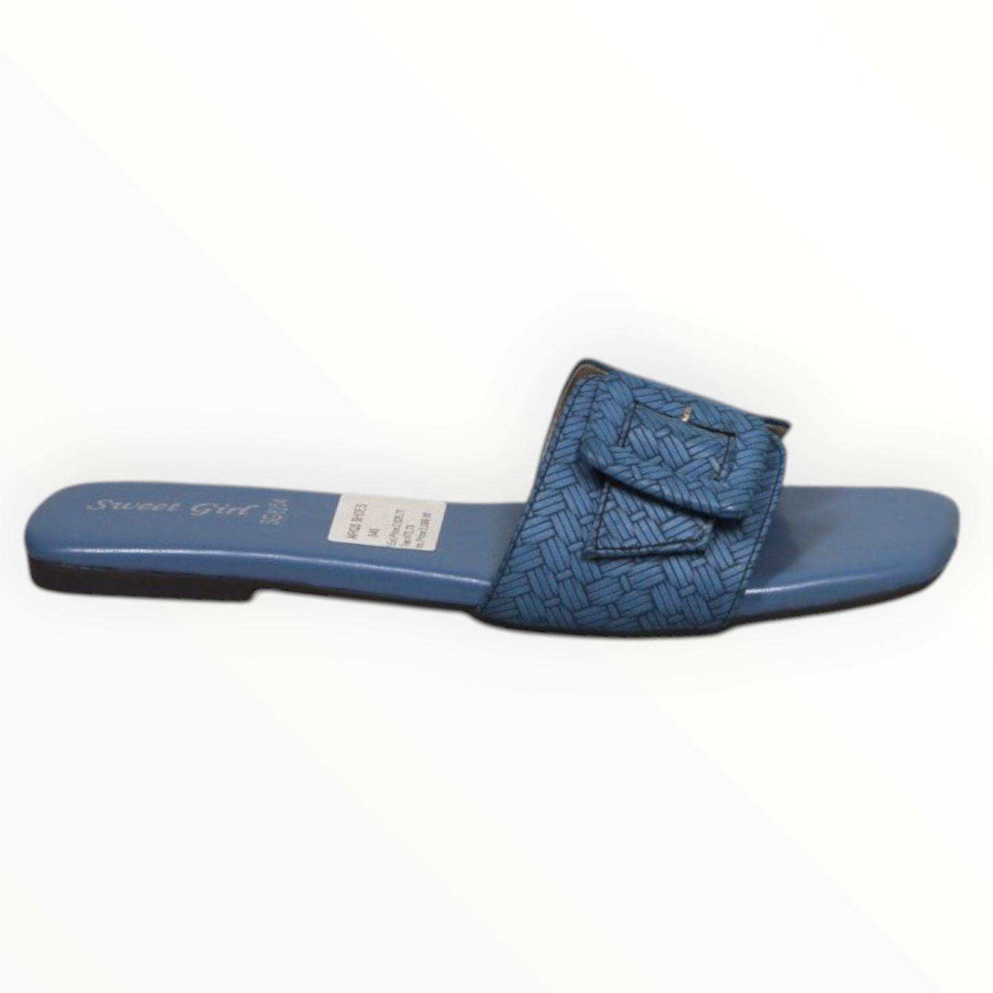 ARQS.PK blue woven flat slide sandals with a decorative buckle strap detail